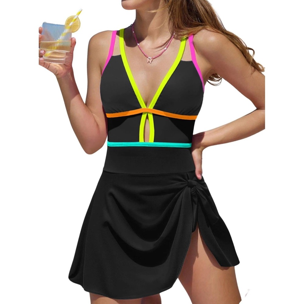 Black One-Piece Swimdress with Neon Trim